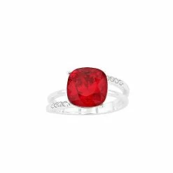 Brilliance Silver Tone Red Crystal Cushion Ring