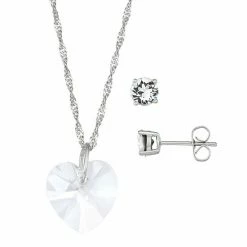 Brilliance Fine Silver-Plated Crystal Heart Pendant & Stud Earring Set Silver Tone Red