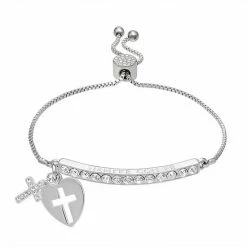 Brilliance Silver Plated "Siempre Con Fe" Crystal Cross Adjustable Bracelet