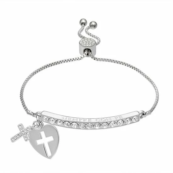 Brilliance Silver Plated "Siempre Con Fe" Crystal Cross Adjustable Bracelet 3 Brilliance Silver Plated "Siempre Con Fe" Crystal Cross Adjustable Bracelet