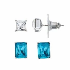 Brilliance Silver Tone Aqua & Clear Crystal Cushion Stud Earring Duo Set