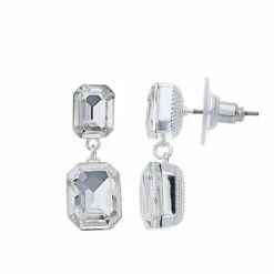 Brilliance Silver Tone Double Cushion Crystal Drop Earrings