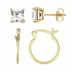 Brilliance Sterling Silver Crystal Square & Hoop Earring Set Silver Tone Clear