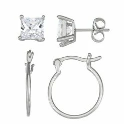 Brilliance Sterling Silver Crystal Square & Hoop Earring Set Silver Tone Clear -Brilliance Shop unnamed file 1218