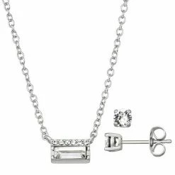Brilliance Baguette Cut Crystal Pendant Necklace & Stud Earring Set Silver