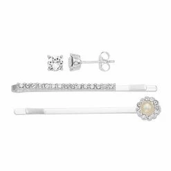 Brilliance Fine Silver Plated Crystal Stud Earring & Hair Clip Set