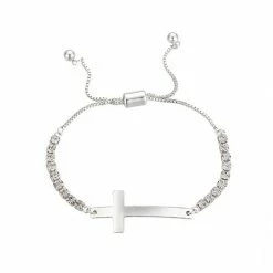 Brilliance Silver Tone Crystal Accent Sideways Cross Adjustable Bracelet