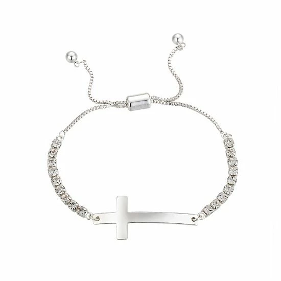 Brilliance Silver Tone Crystal Accent Sideways Cross Adjustable Bracelet 3 Brilliance Silver Tone Crystal Accent Sideways Cross Adjustable Bracelet