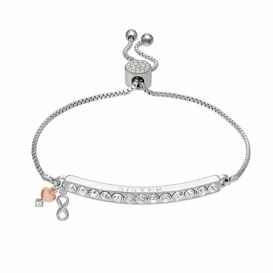 Brilliance Two-Tone Silver Plated "Sister" Crystal Bar Infinity & Heart Charm Adjustable Bracelet 3 Brilliance Two-Tone Silver Plated "Sister" Crystal Bar Infinity & Heart Charm Adjustable Bracelet