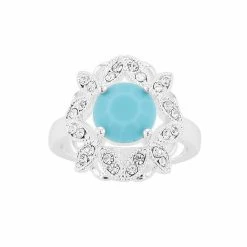Brilliance Silver Tone Simulated Turquoise & Crystal Halo Ring