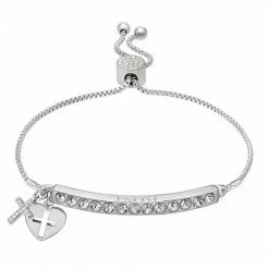 Brilliance Crystal Cross & Heart Charm Adjustable Bar Bracelet Silver Tone Clear -Brilliance Shop unnamed file 75