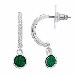 Brilliance Silver Tone Green Crystal Oval Drop Hoop Earrings