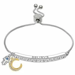 Brilliance Fine Silver Plated "BELIEVE" Crystal Hamsa & Crescent Moon Charm Adjustable Bracelet