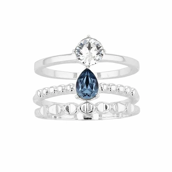 Brilliance Silver Tone Blue Pear & Clear Crystal Ring Set 3 Brilliance Silver Tone Blue Pear & Clear Crystal Ring Set